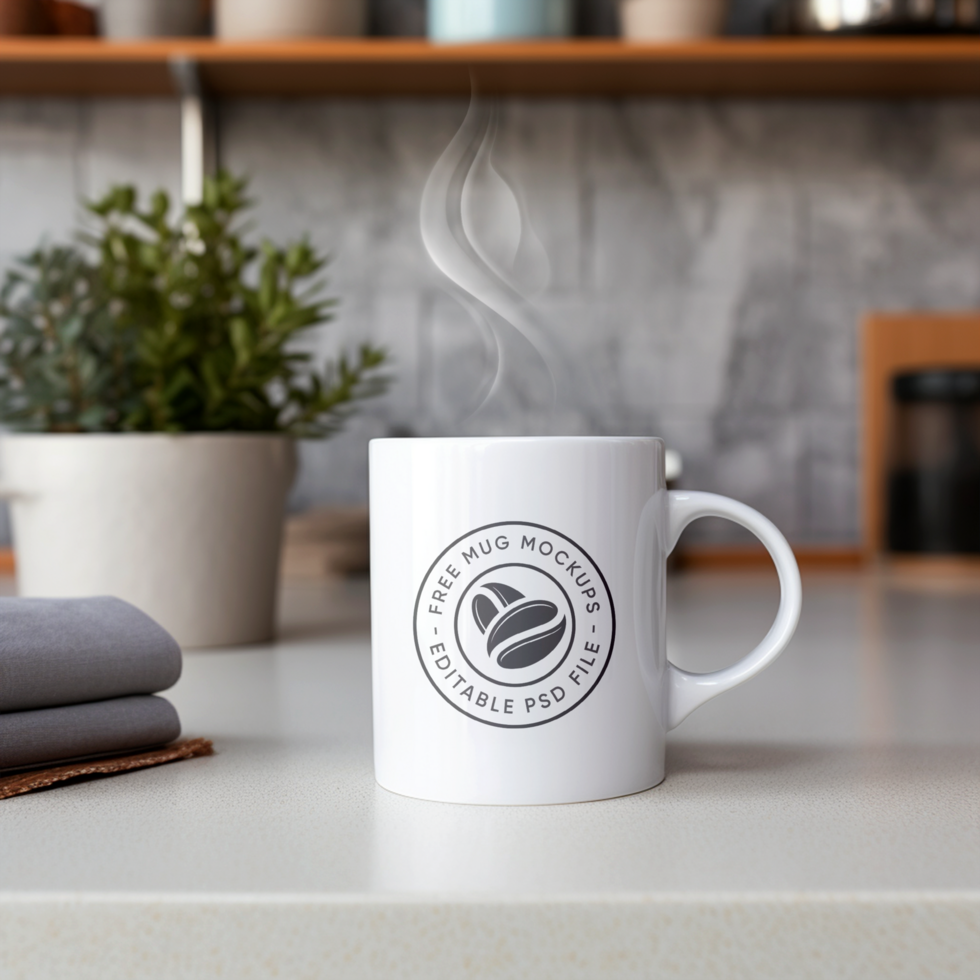 Mockup of a Coffee Cup with a Wooden Table Setup psd