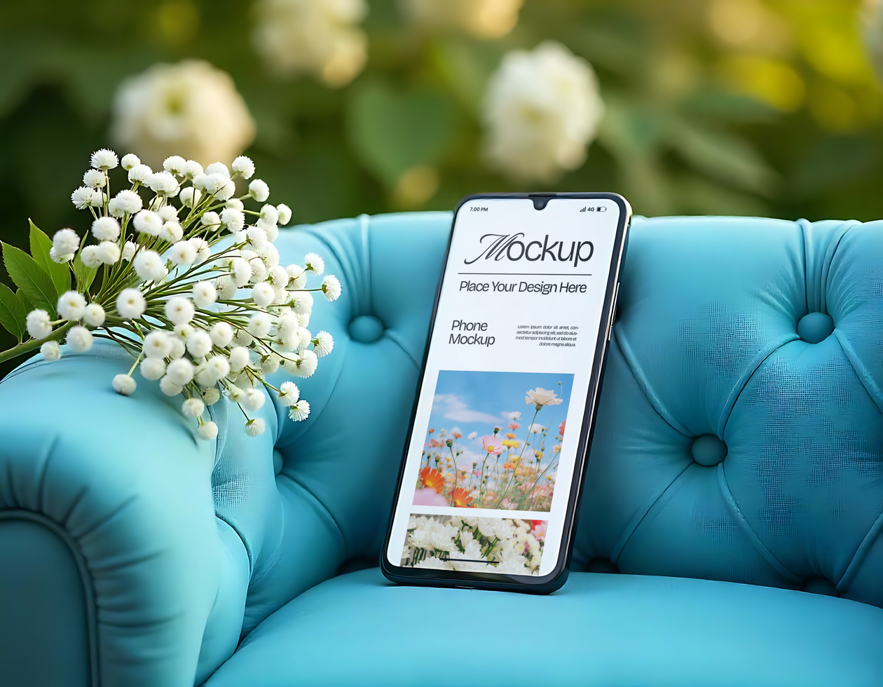 Blooming phone Mockup on a Blue Sofa psd