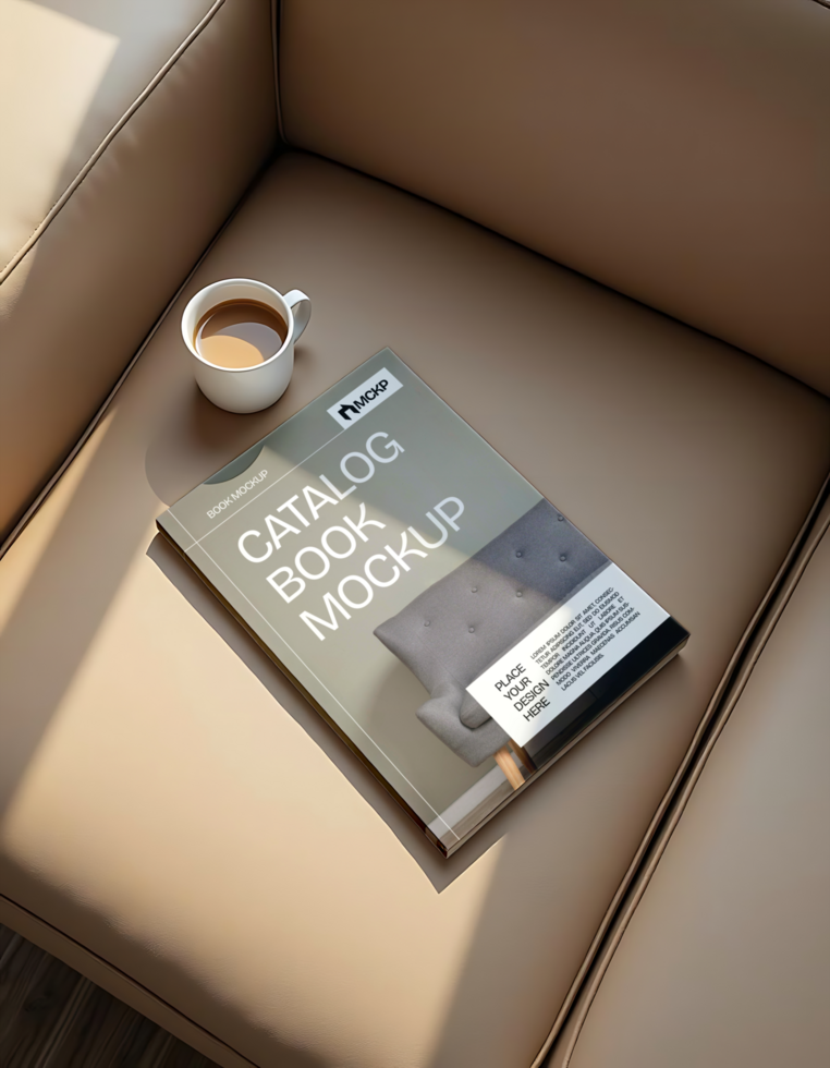 Catalog Book Mockup on brown sofa psd