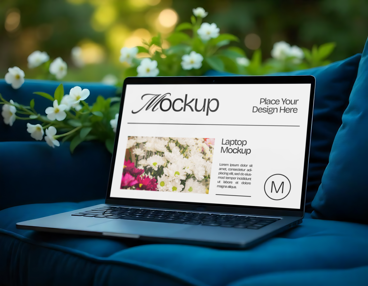 Laptop Mockup on a Blue Sofa with flower background psd
