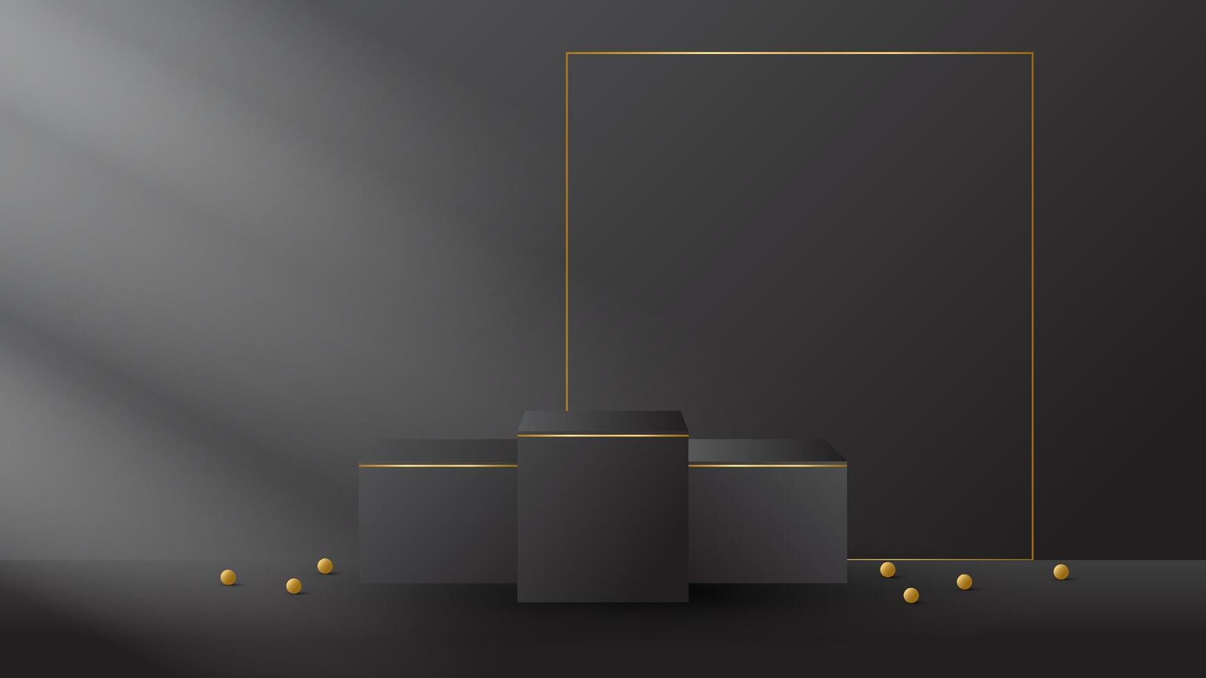 the three display podium black luxury gold modern presentation product background . stage empty dark design pedestal minimal showcase template space vector