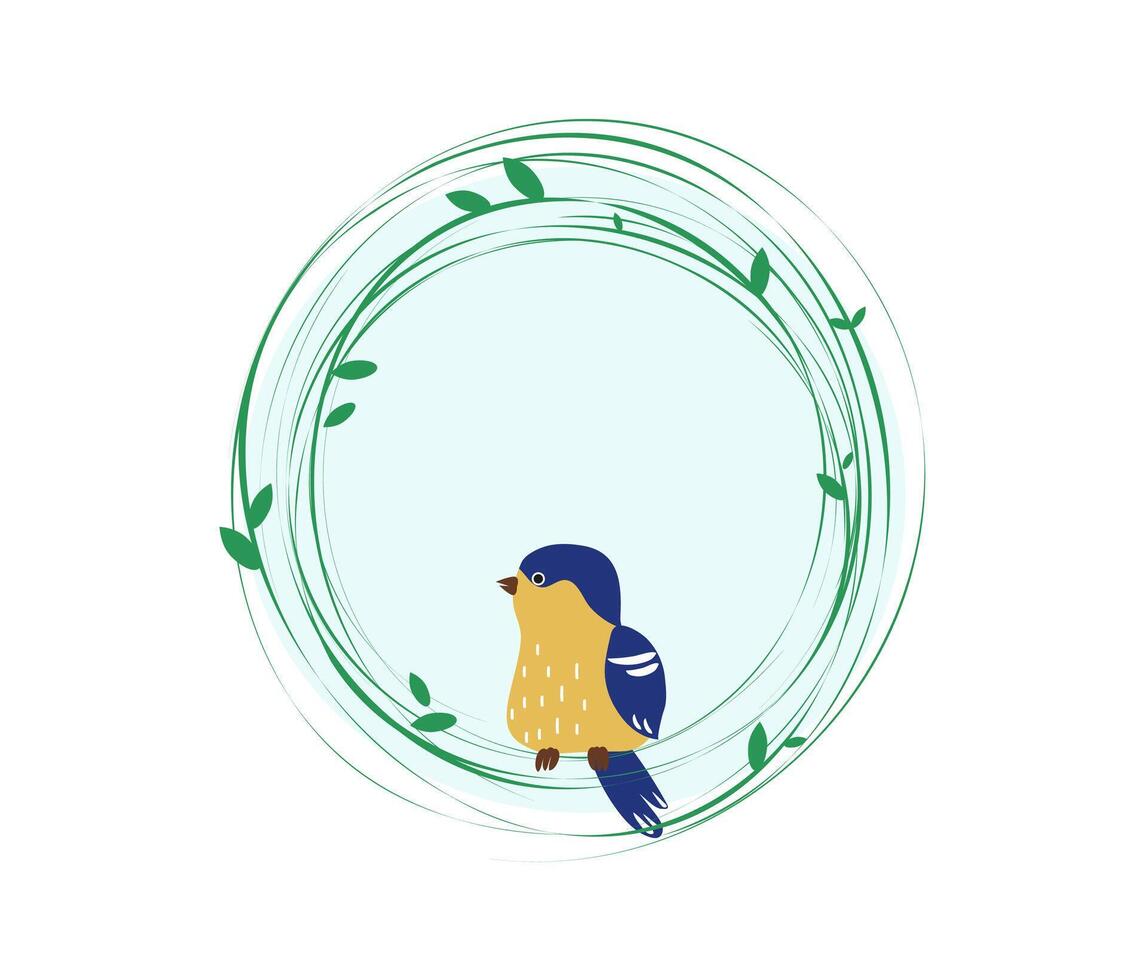 Bright bird sitting on branch, round frame,border. National Bird Day. Background for postcard, banner, place for text, festive background vector