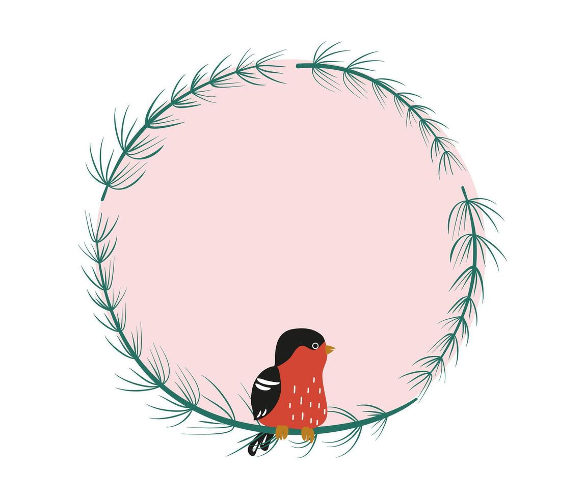 Round frame with bright bird sitting on a branch. National Bird Day. Natural background for postcard, banner, place for text. vector