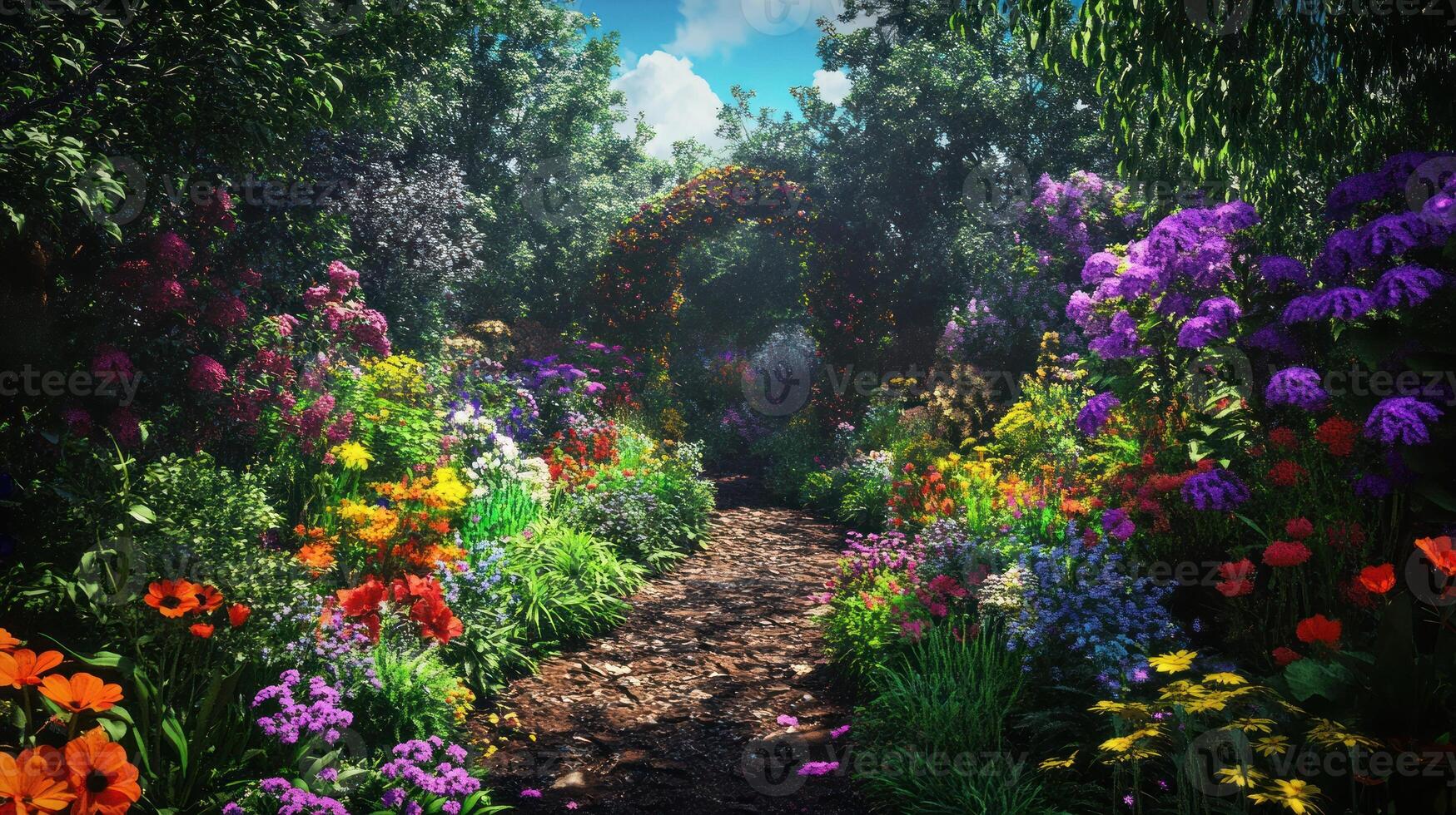 A Sunlit Path Through a Lush and Colorful Garden photo