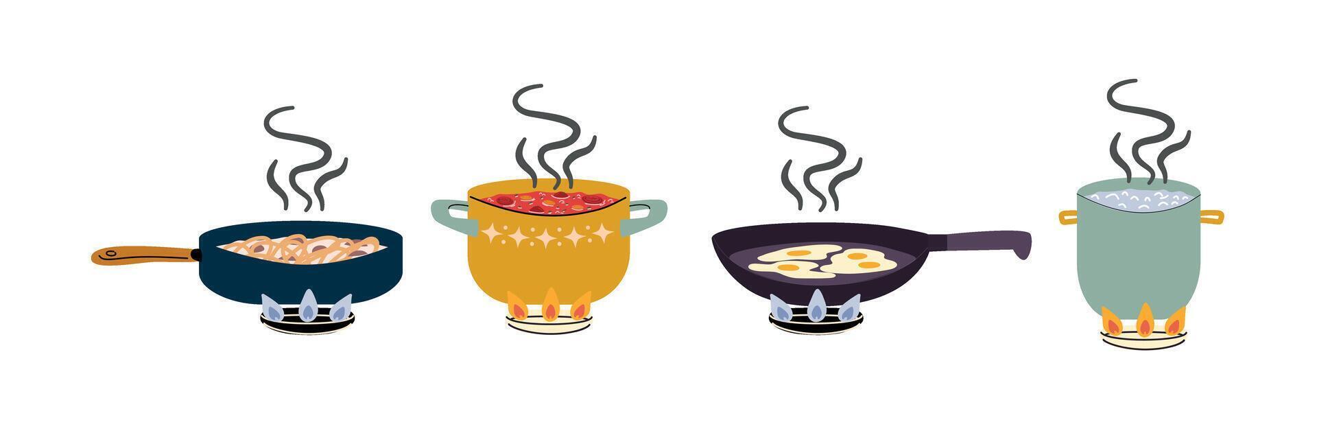 Cooking. Pots and pans for baking on gas burners, cooking soup, fried eggs and other dishes on the stove. Lunch or dinner on a gas stove. vector