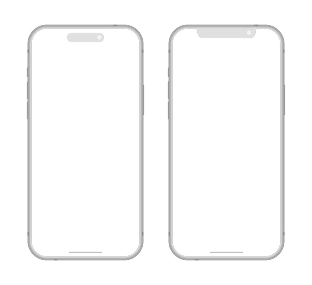 Grey smartphone device mockup template illustration. Set of two mobile phone clay devices with blank white display vector