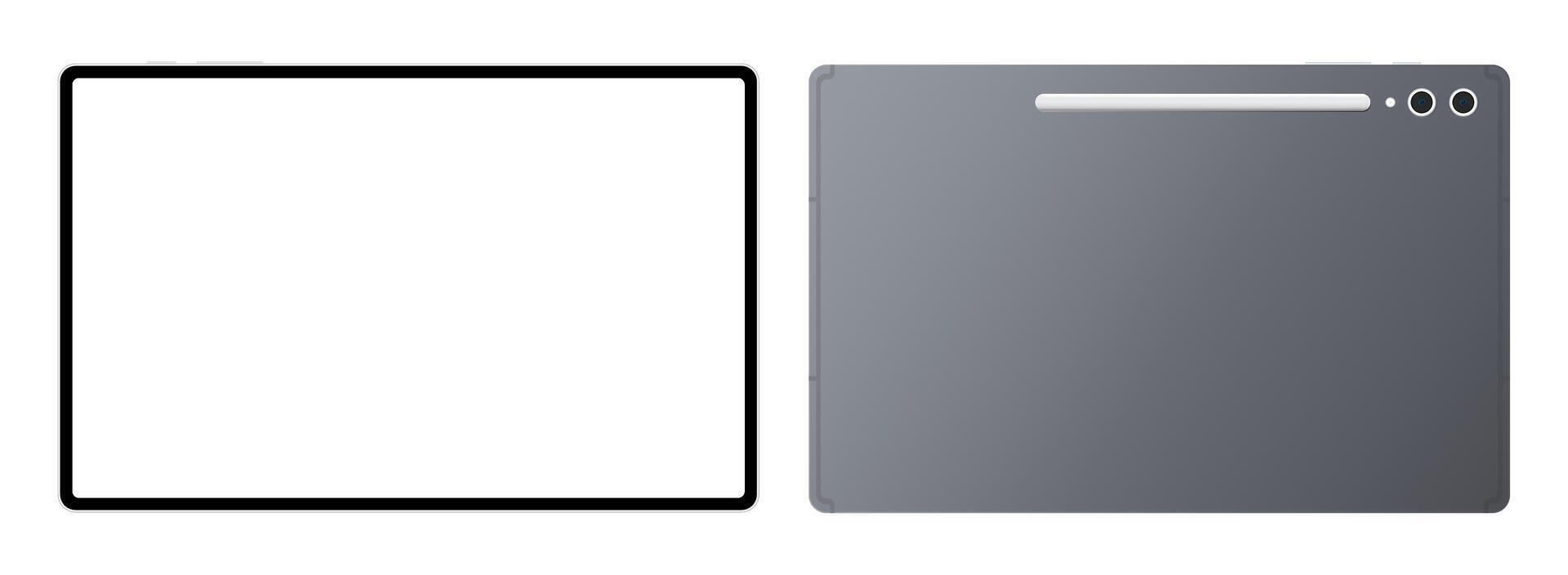 Modern tablet pc device front back mockup template. Realistic gray black frame computer pda blank display illustration vector