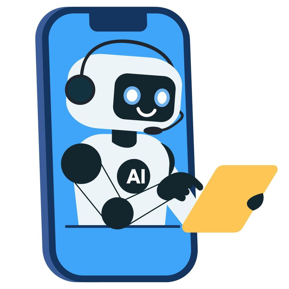 Cute chat bot with yellow tablet from mobile phone screen vector
