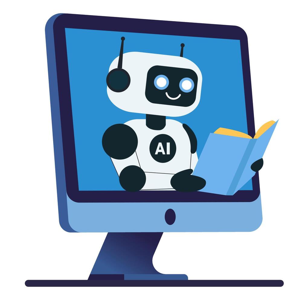 Robot reading book from monitor screen vector