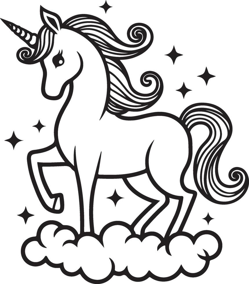 Whimsical Unicorn Outline Drawing Coloring Page vector