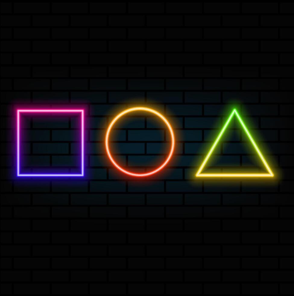 Simple neon geometric shapes signs on dark background vector