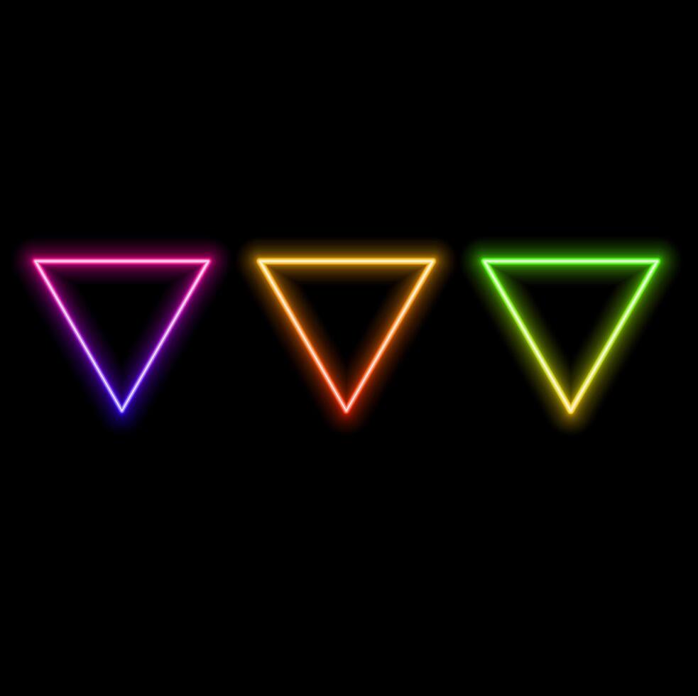 Set of pink blue, red-purple, green light up neon triangle photo frames. Signal of the game. Abstract cosmic geometric design of vibrant colors. vector