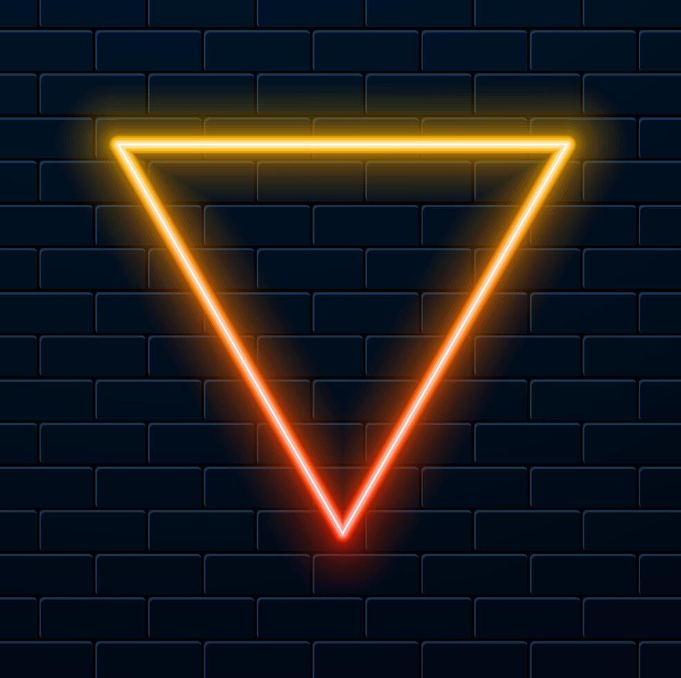 Upside down triangle neon background. The electric geometric shape with flare light brightness in transparent. Shining logo border design for Casino nightclub nightclub vector