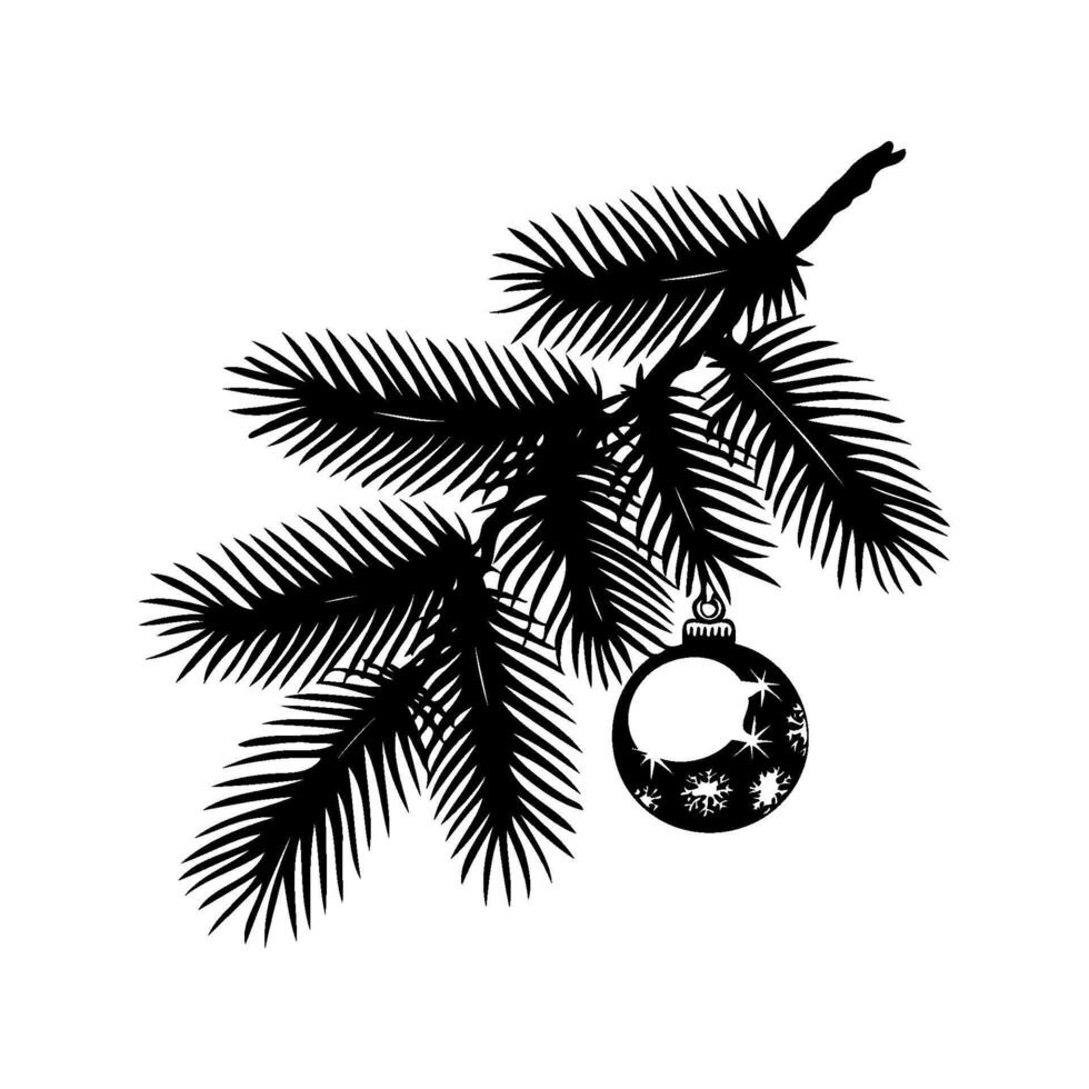 Silhouette Christmas tree branch with ornament hanging from it. vector