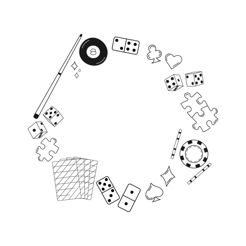 Game and casino elements circle frame. Pool, dice, domino, poker chips, playing cards, puzzle. Versatile design for gaming, entertainment, casino-themed projects. vector