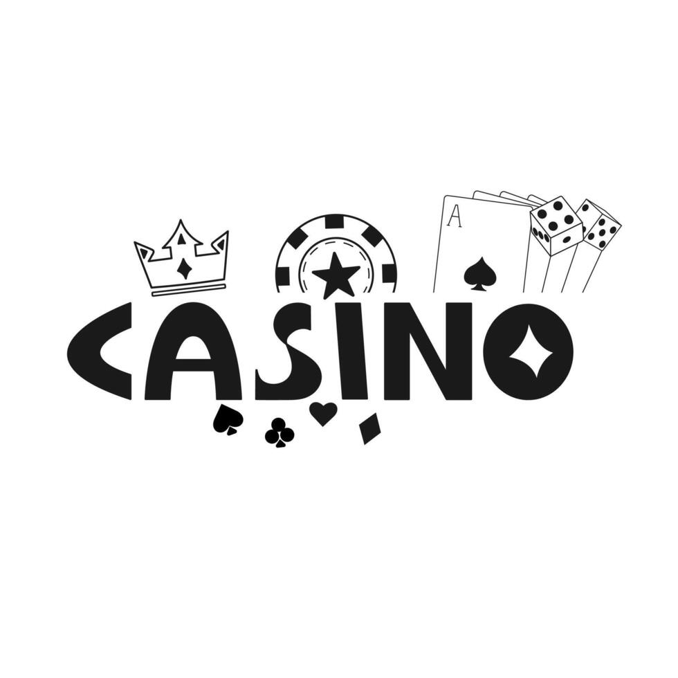Casino word featuring with gambling elements. Crown, poker chips, playing cards, dice. Gaming and entertainment industries concept. vector