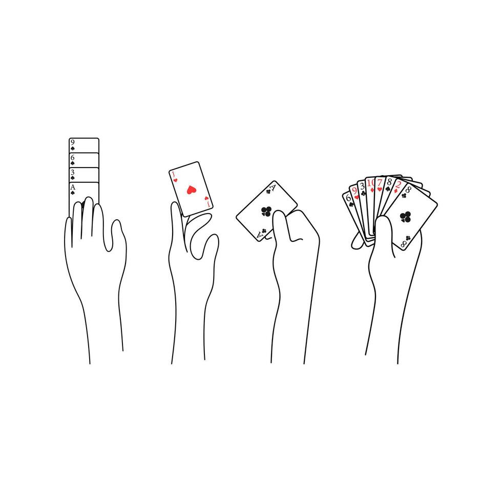 Hands holding and interacting with playing cards. Minimalist illustration. Poker, Blackjack, card games. Casino, gambling concept. vector