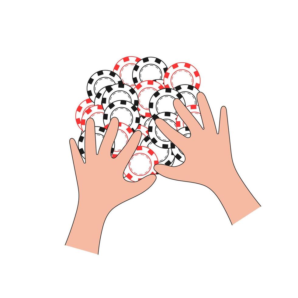 Hands gathering poker chips - casino gambling illustration. vector
