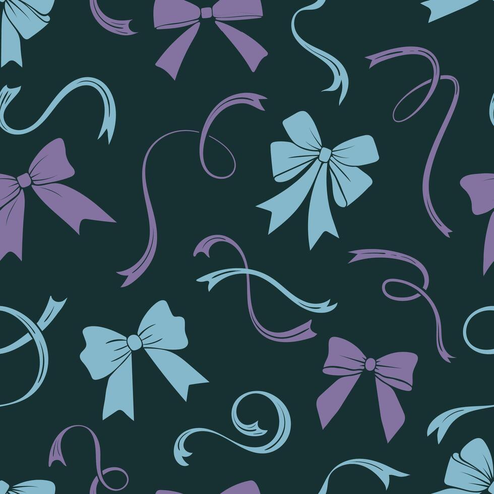 seamless pattern with bows and ribbons on a dark background. blue and lavender color backdrop with tided bows and ribbons with curving, flowing lines. Cheerful design for textile, wrapping, wallpaper vector