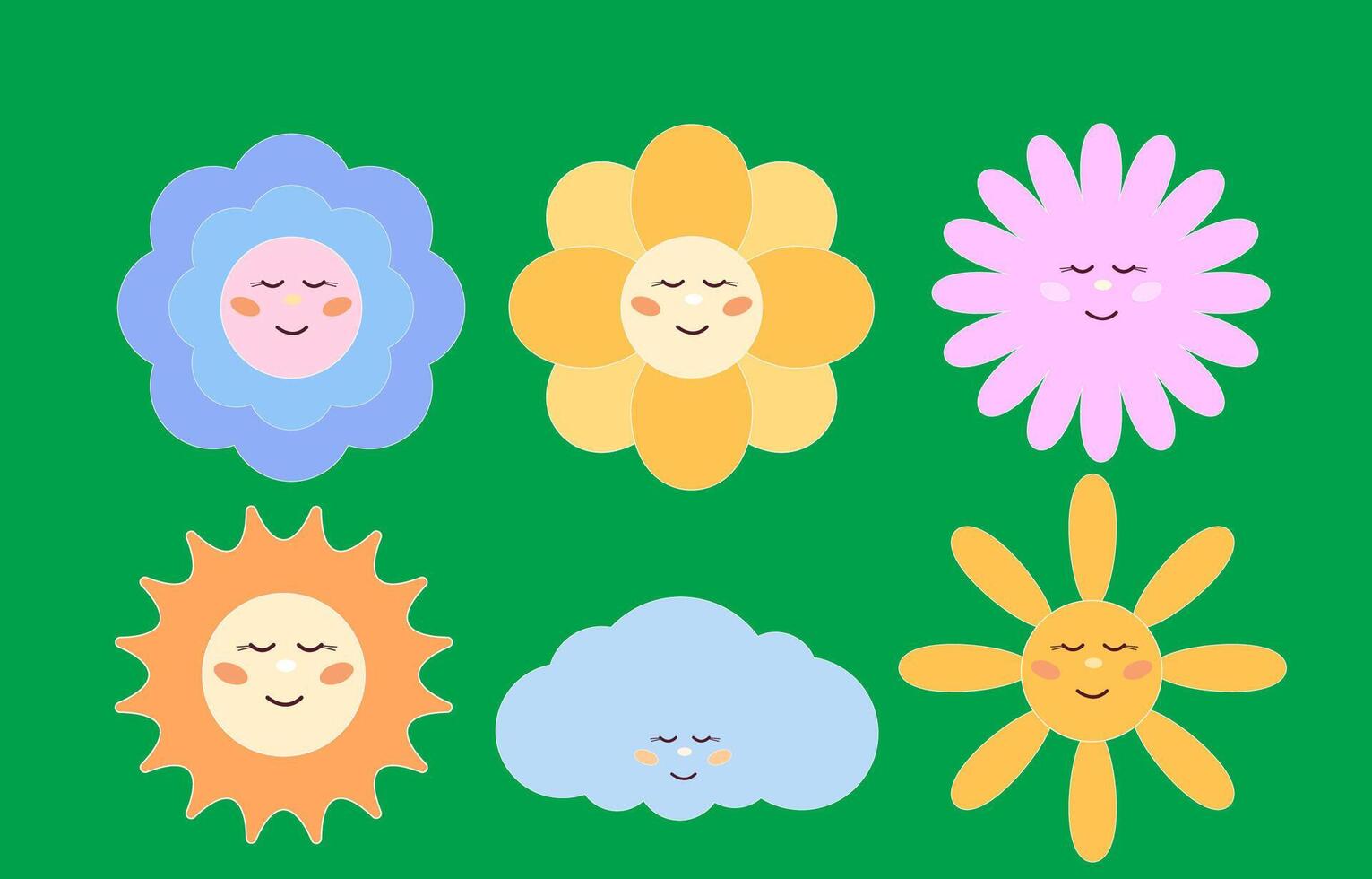 Funny Cute Flower and Sun Smiling Face Kawaii Character Cartoon Element Icon vector