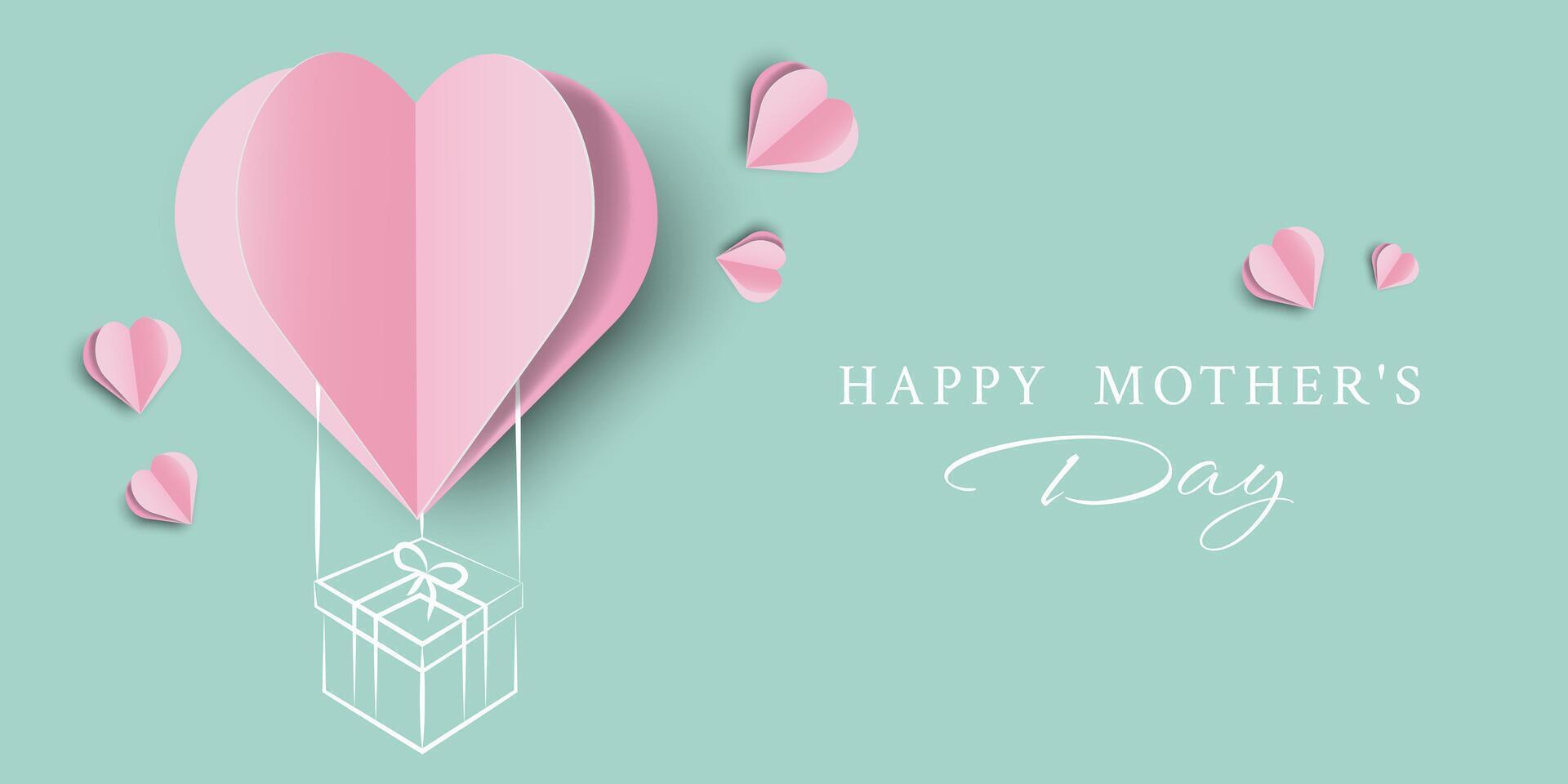 Happy Mothers Day Banner with Paper Cut Heart, Doodle Element and Modern Text. Happy Valentines Day Background in Origami Style. Illustration Minimalistic Greeting Card Happy Women's Day. vector