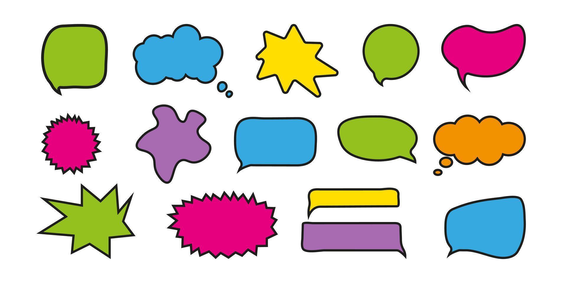 Speech Bubble Set in Hand Drawn Style. Multicolored Line Art Chat Balloon. Cute Frame speech bubble Collection. Hand Drawn Blocks for Text Box Different Shapes. Dialogue Set in Modern Style. vector