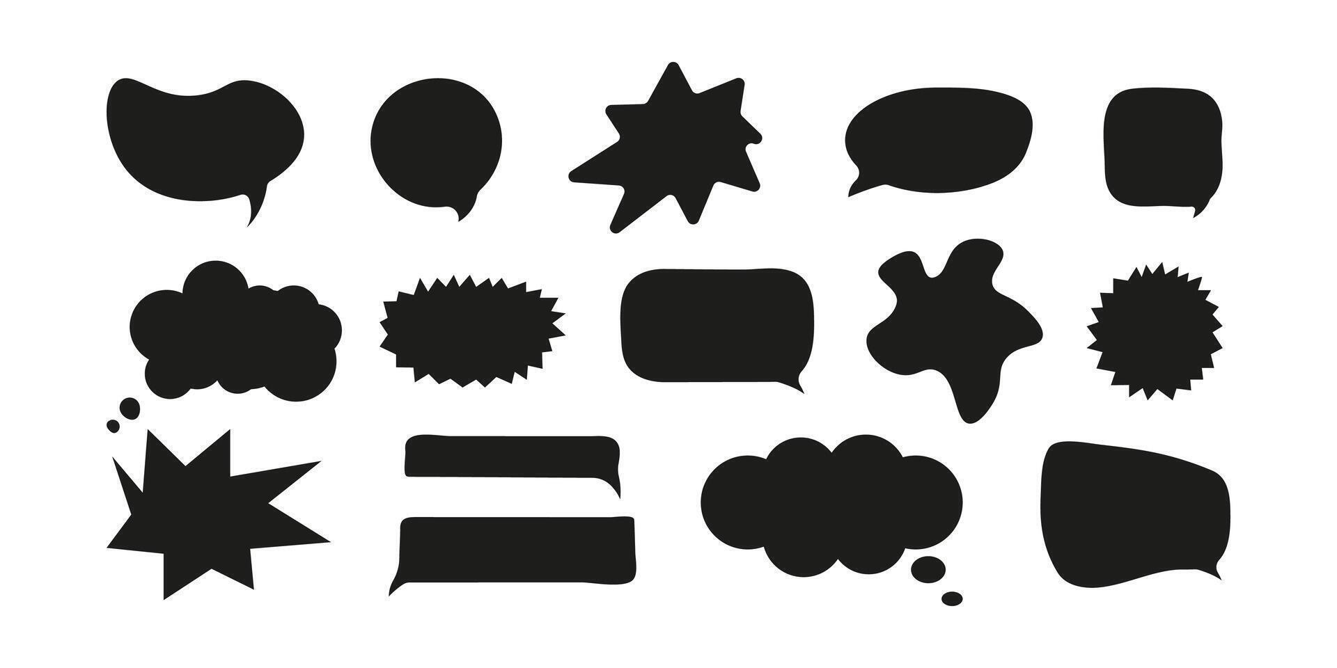 Speech Bubbles Black Shape Set in Doodle Style. Chat Balloon. Cute Frame speech bubble Collection. Hand Drawn Blocks for Text Box Different Shapes. Dialogue Set in Modern Style. vector
