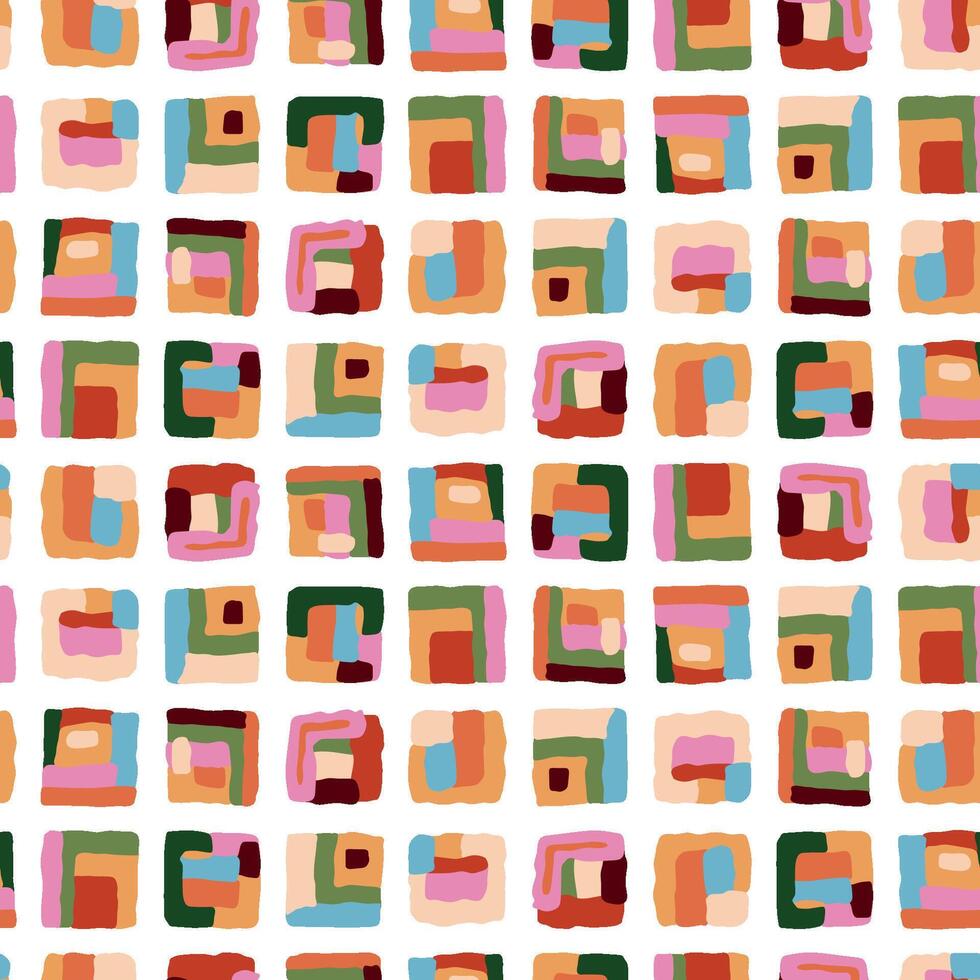Geometric mosaic summer seamless pattern. Abstract hand drawn design with square shapes, checkered modern colorful print, cute childish background, decorative wallpaper, textile design, fabric. vector
