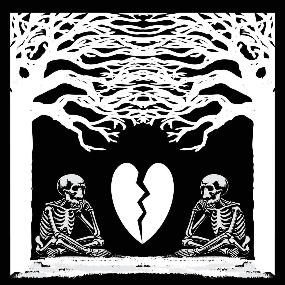 Skeletons with Broken Heart Artistic Gothic T Shirt Design vector