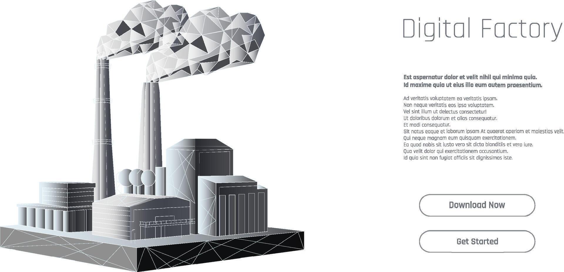 Digital factory showcasing modern industrial design with geometric shapes and smoke stacks against a clean background. vector