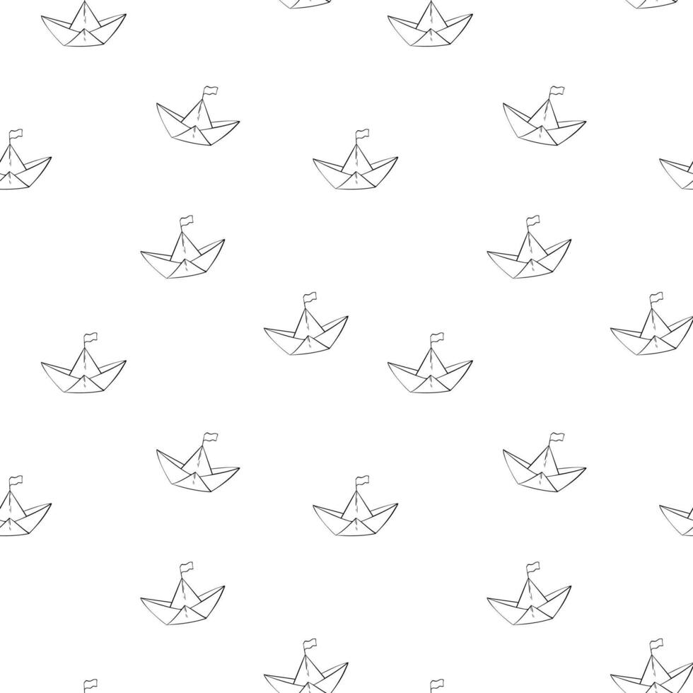 Seamless pattern of paper boat with a flag. Hand drawn outline origami illustration in black and white color. Etching of Sailboat background. Outline print for fabric, textile, wallpaper vector