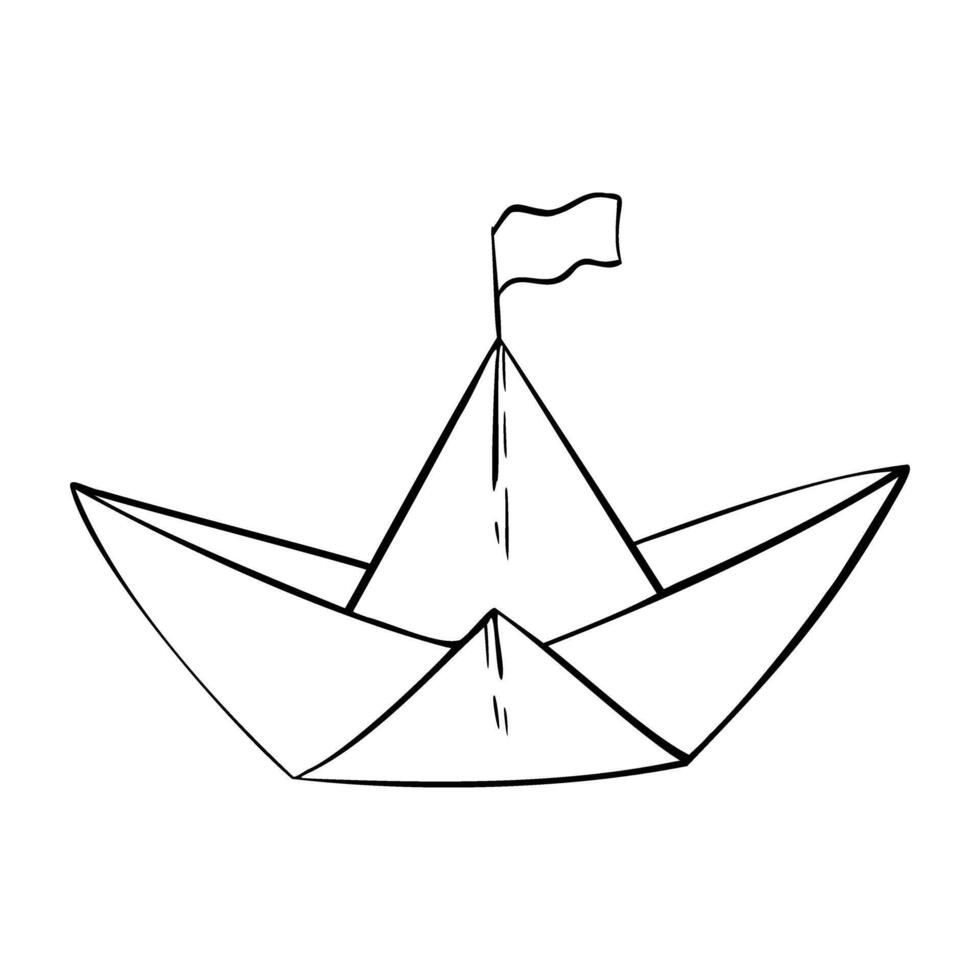 paper boat with a flag. Hand drawn outline origami illustration in black and white color. Simple contour drawing for icon or logo in monochrome. Etching of Sailboat vector