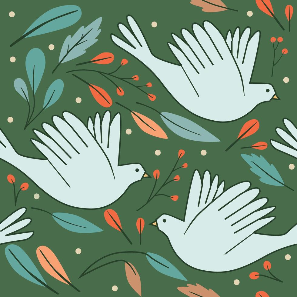 Seamless pattern with leaves and doves vector