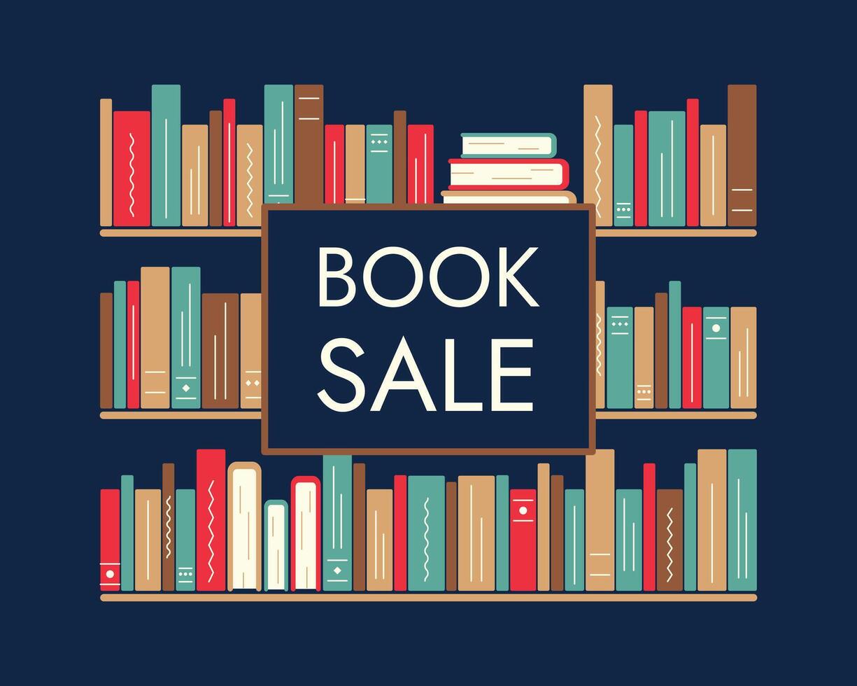 Book Sale with Bookshelves. Isolated bookcase with spines Literature on dark background. Bookstore discount text with encyclopedia, textbook pages. Library Shelves. Flat style. illustration vector