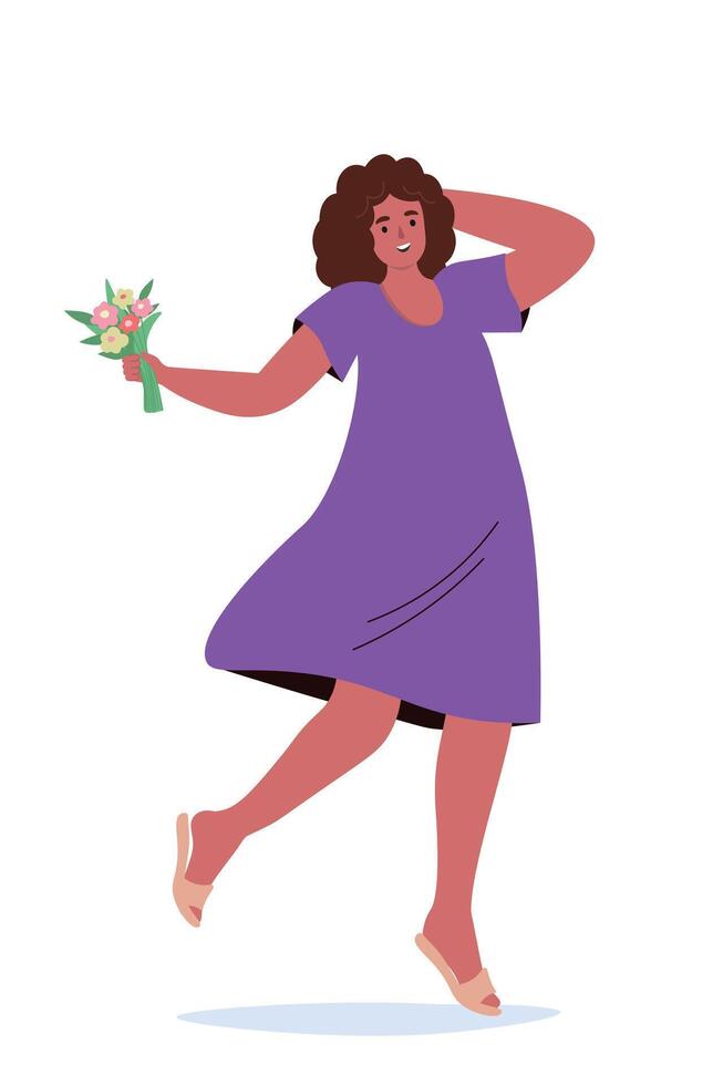 A dark-skinned girl with a bouquet of flowers is rejoicing and happy. Satisfied young woman is pleased with herself, emotional. flat graphics. vector