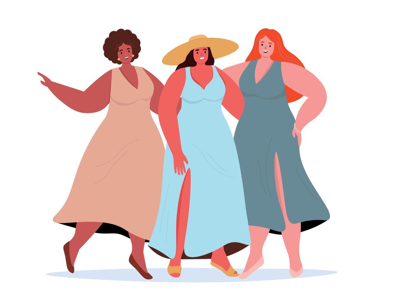 Young beautiful plus size women in summer. Tanned girlfriends having fun together, hugging on vacation. flat graphics. vector