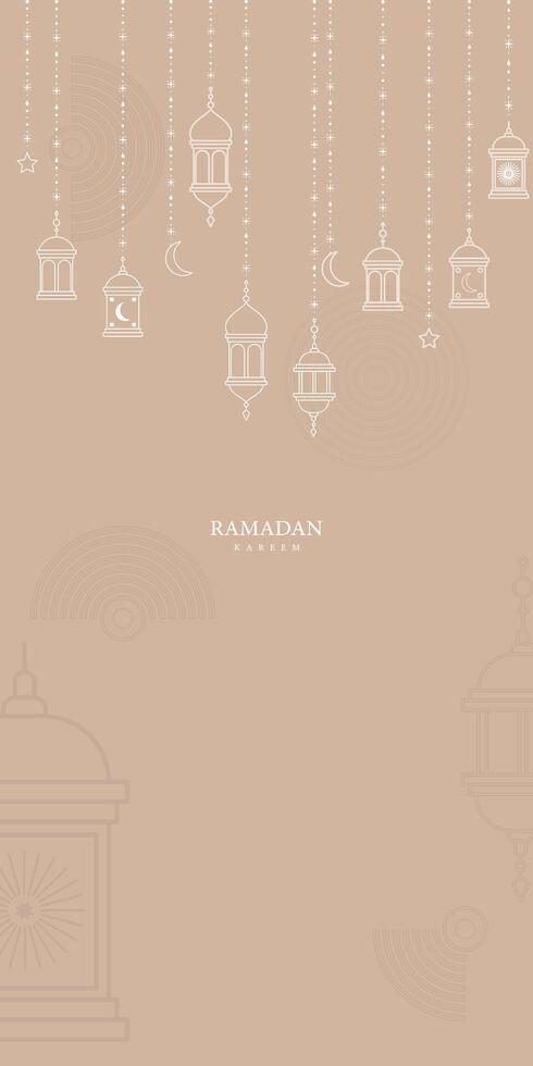 Ramadan Kareem Portrait Background with Hanging Lanterns, Crescent Moon, Stars, and Elegant Islamic Ornamental Design on Beige Theme vector