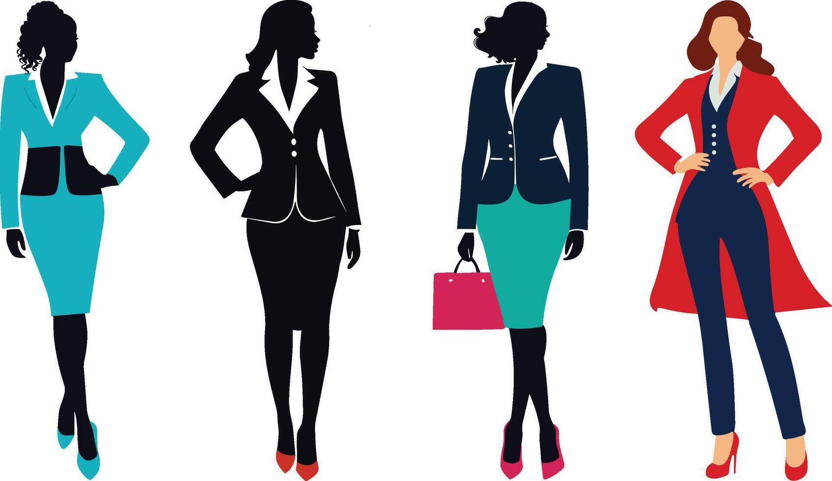 Set of businesswomen silhouettes, female model, wearing official suits and standing in different positions vector