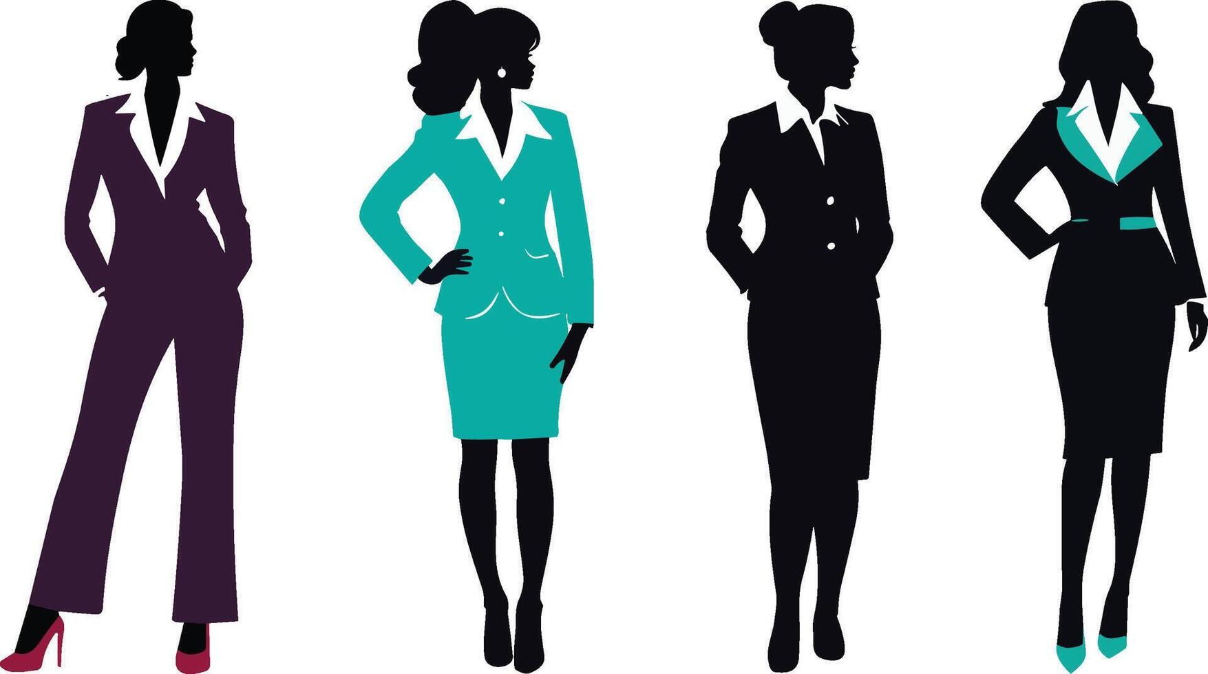 Set of businesswomen Silhouettes, female model wearing official suits and standing in different positions vector