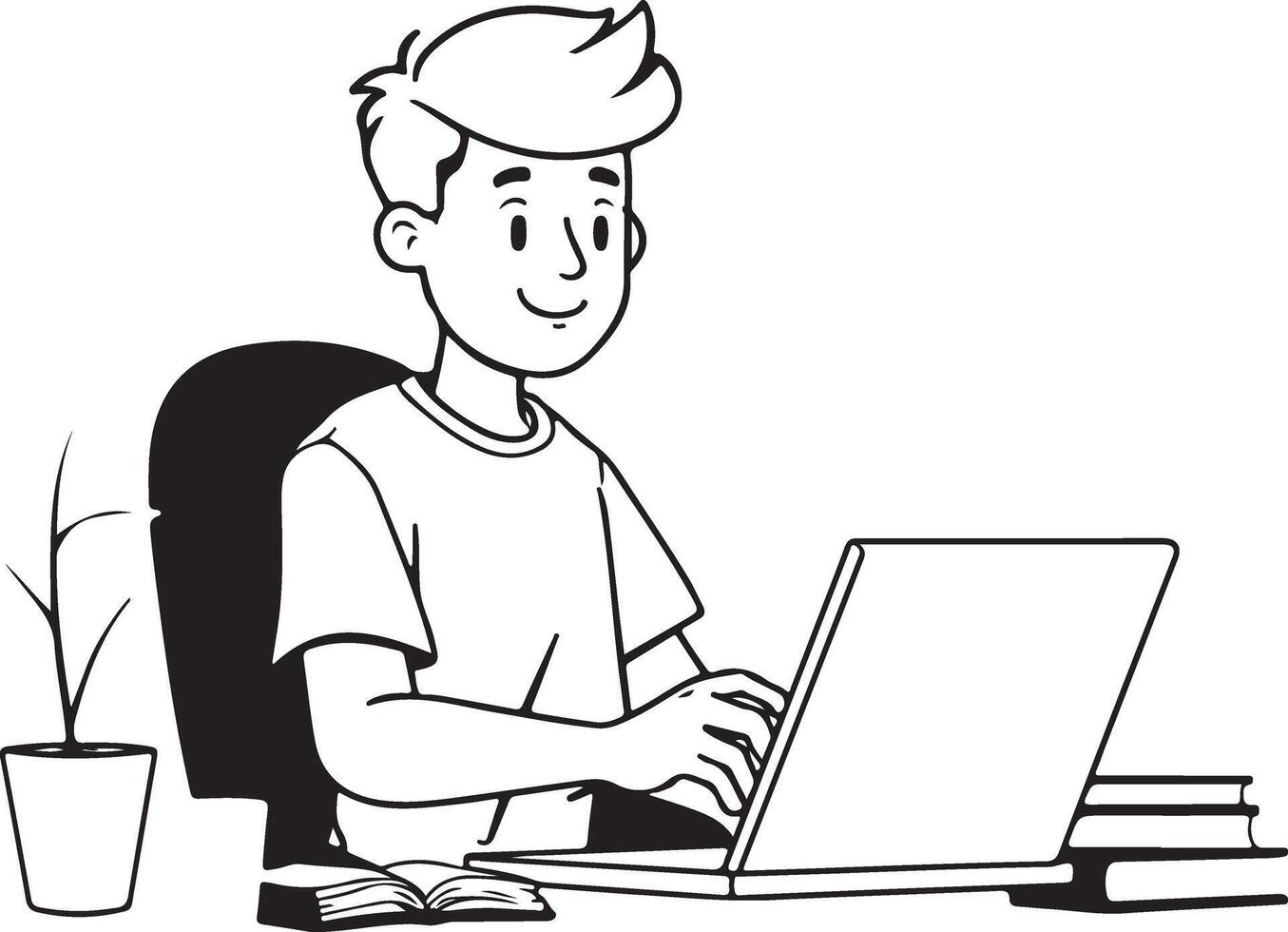 A sketch art illustration of a young person using a laptop vector