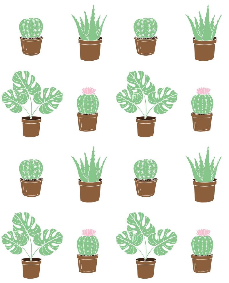 Seamless pattern of monstera plant and cactus in pots vector