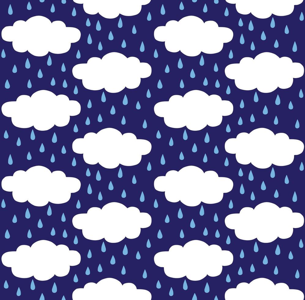 Seamless pattern of white hand drawn doodle sketch raining clouds with face isolated on blue background vector