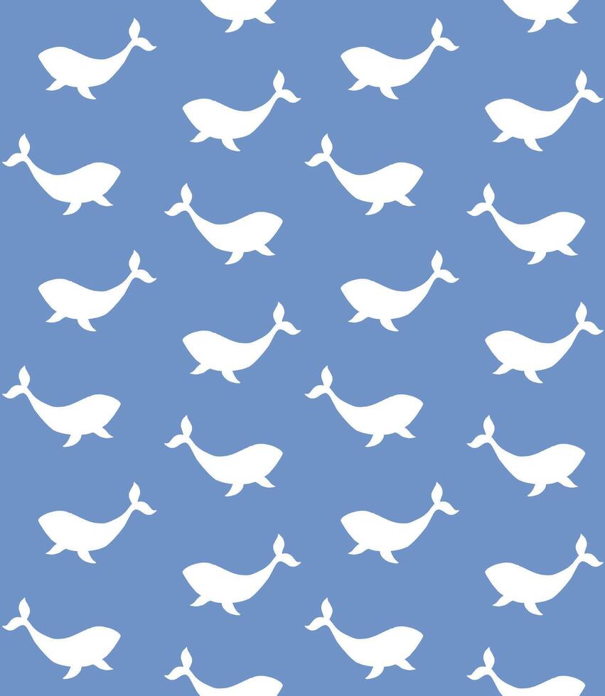 Seamless pattern of white hand drawn whale silhouette isolated on blue background vector