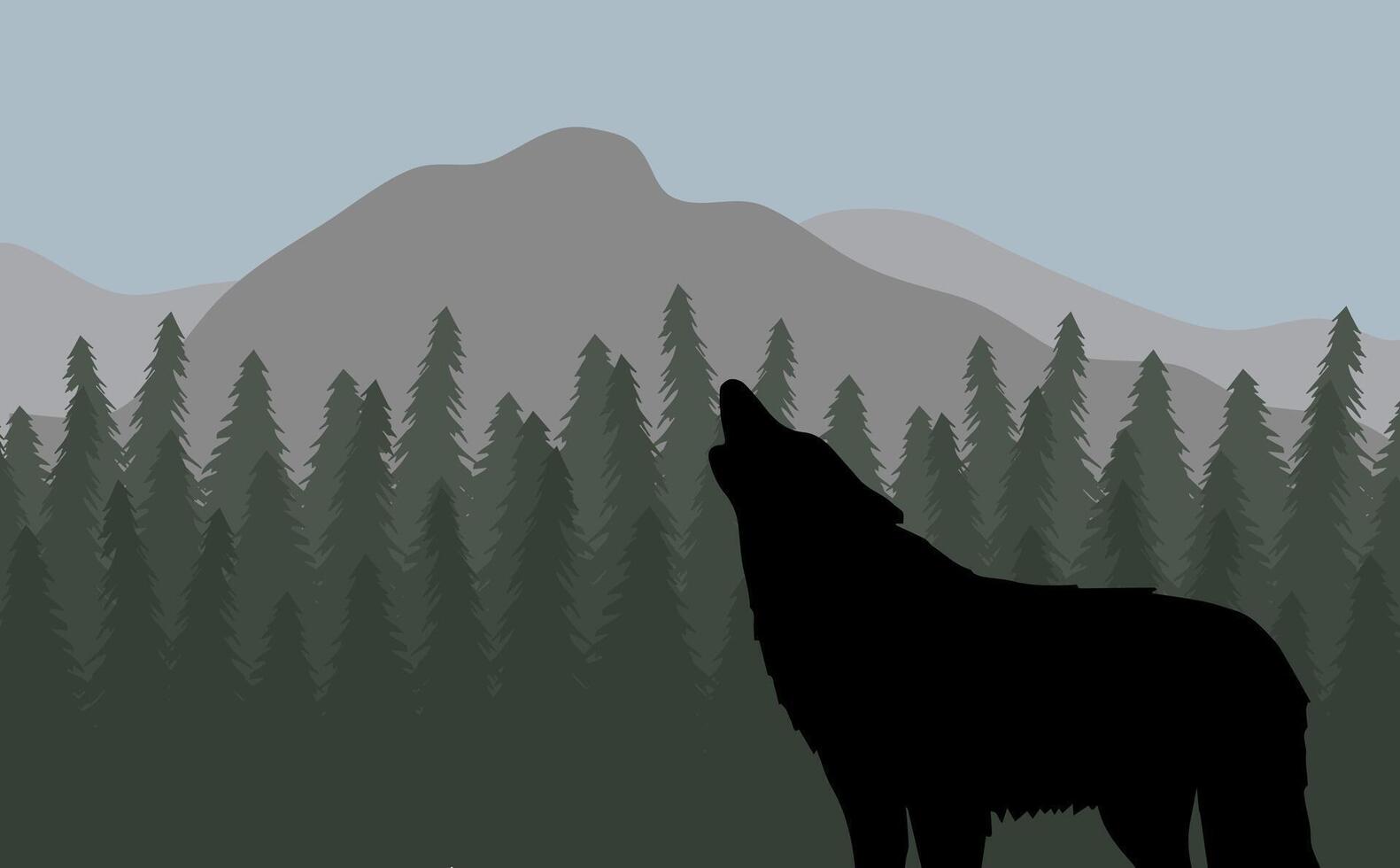Colored howling wolf silhouette in flat landscape with spruce tree forest and mountains vector