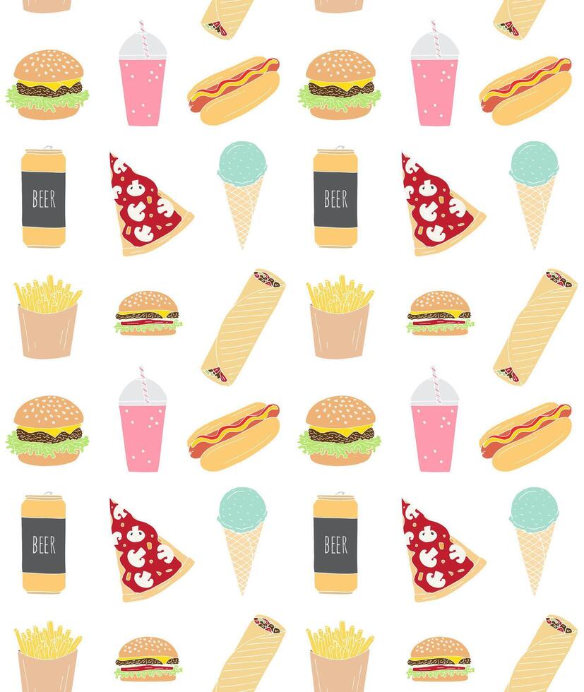 Seamless pattern of doodle sketch fast food vector