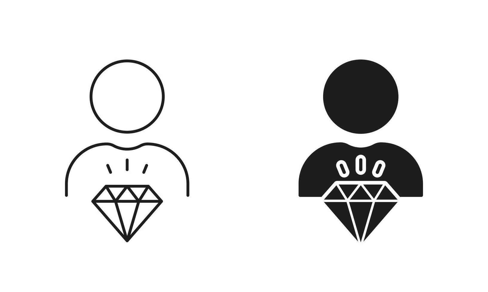 Man with Diamond, Corporate Ideology Line and Silhouette Icon Set. Person is Core Values, Business Principles at Work. Employee Value Icon. Editable Stroke. Isolated Illustration vector