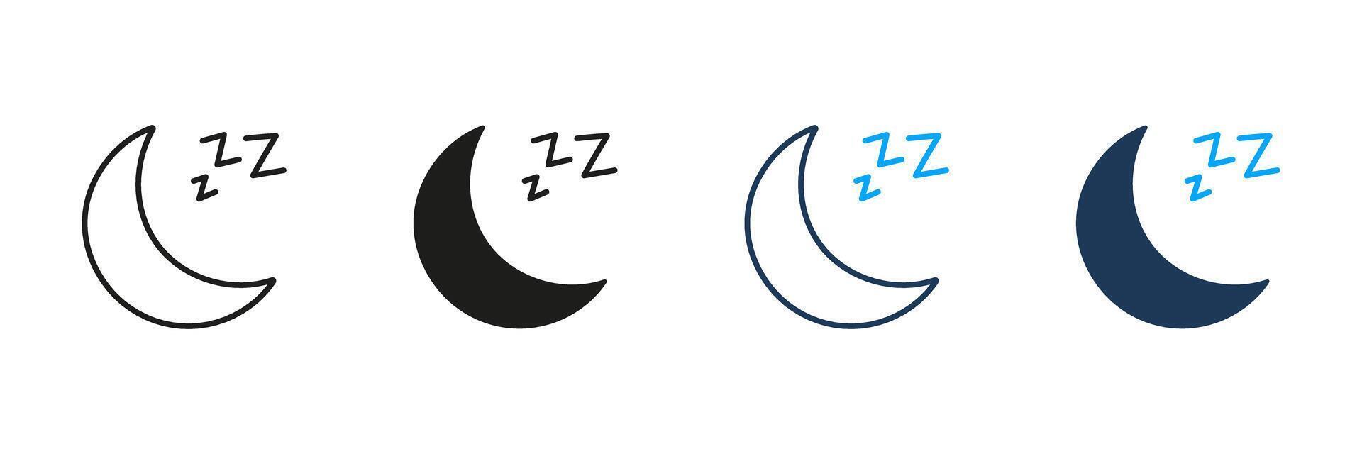 Crescent Moon with ZZZ Line and Silhouette Icon Set. Nighttime Sleep Symbol. Peaceful Night Rest. Editable Stroke. Isolated Illustration vector