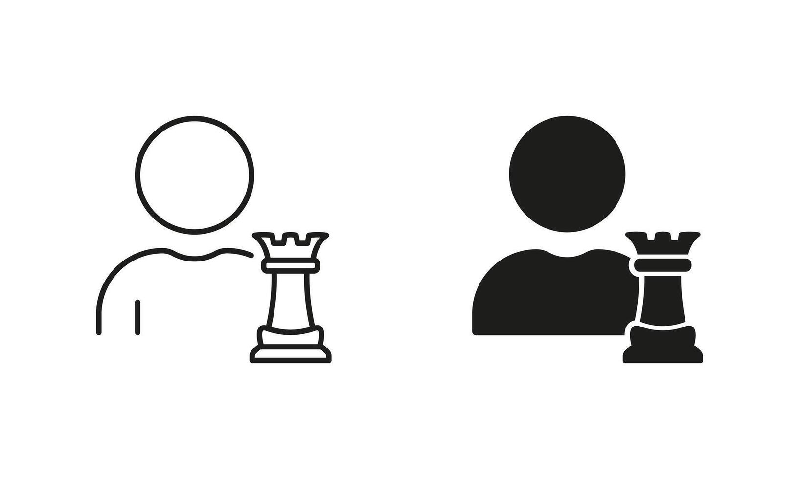 Success in Competition, Strategist Man with Chess Figure Pictogram. Chess Strategy Line and Silhouette Icon Set. Strategic Approach Symbol. Editable Stroke. Isolated Illustration vector