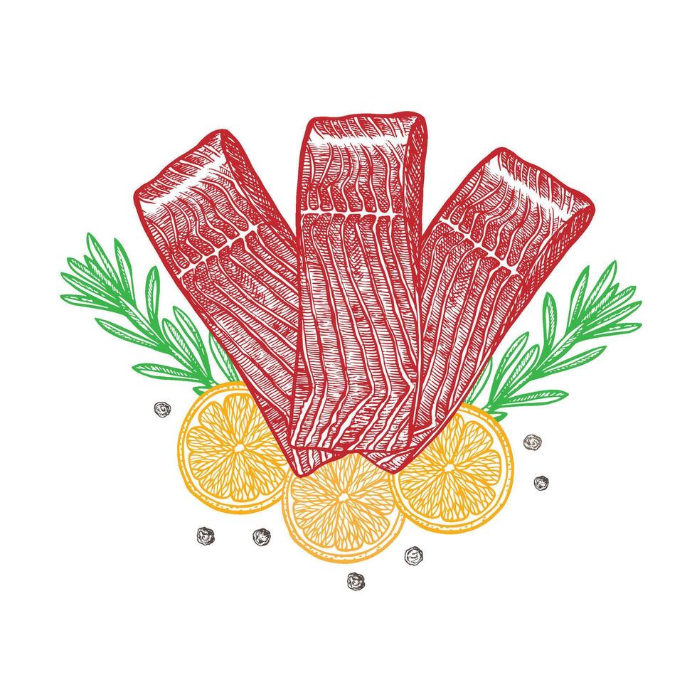 Fillet of red fish, sliced, with lemon and herbs. Hand-drawn illustration. A color image of a fish dish. On a white background. For menus, recipe books, packages, labels, invitations, banners. vector