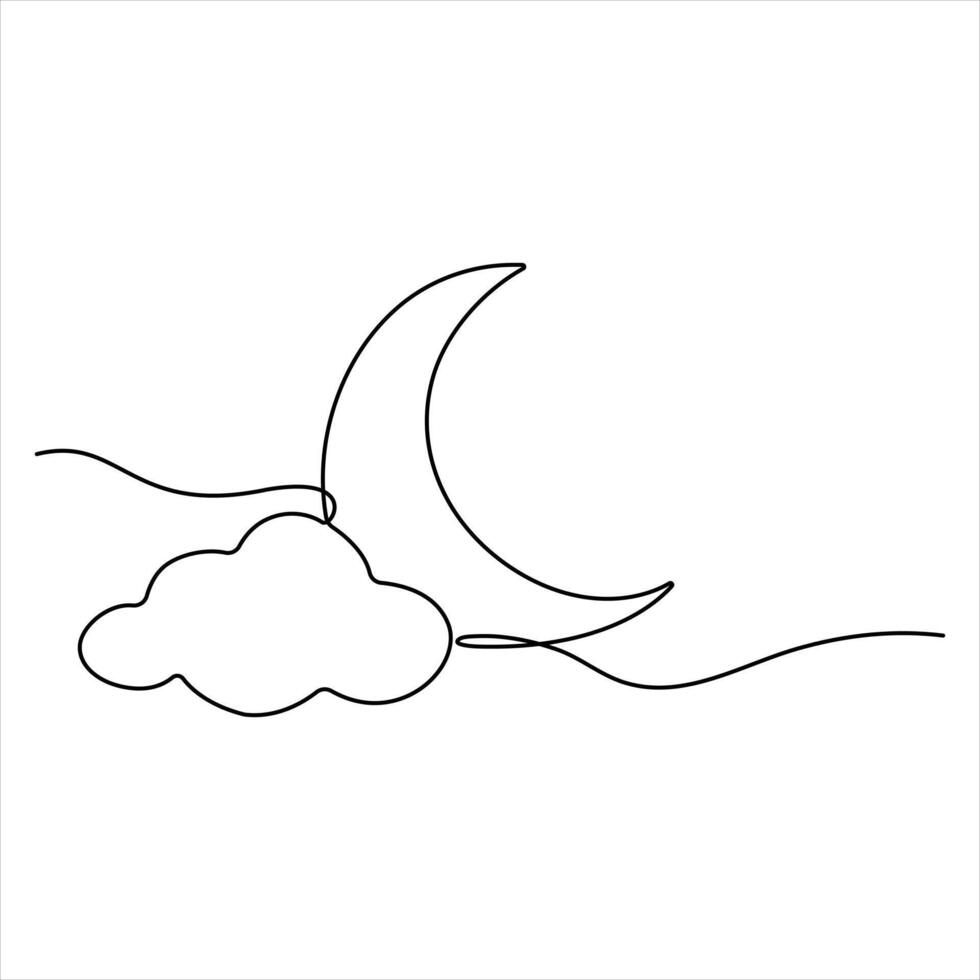 Crescent Moon and cloud one line continuous Line Art vector